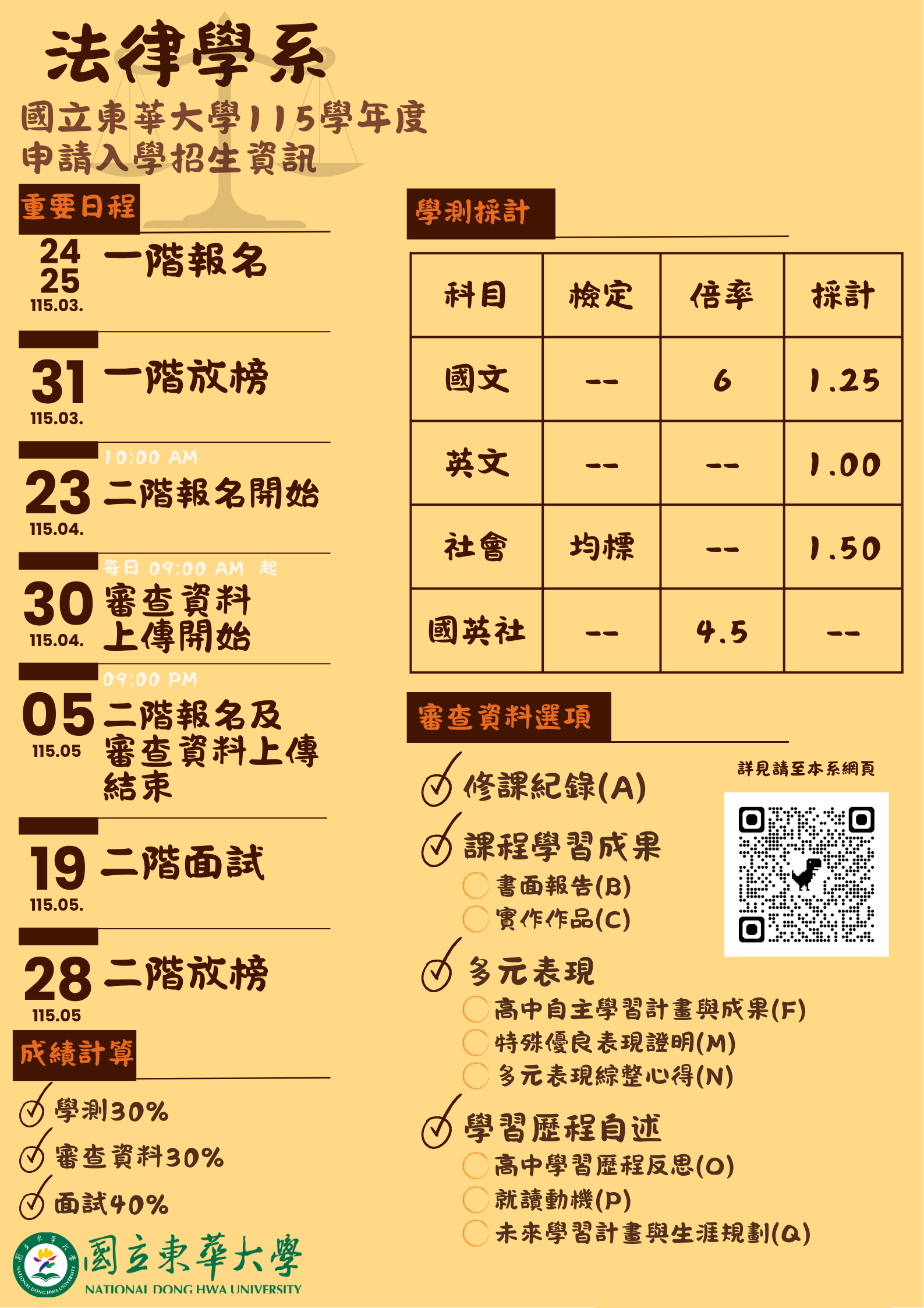 國立東華大學法律學系115學年度申請入學審查資料項目及準備指引